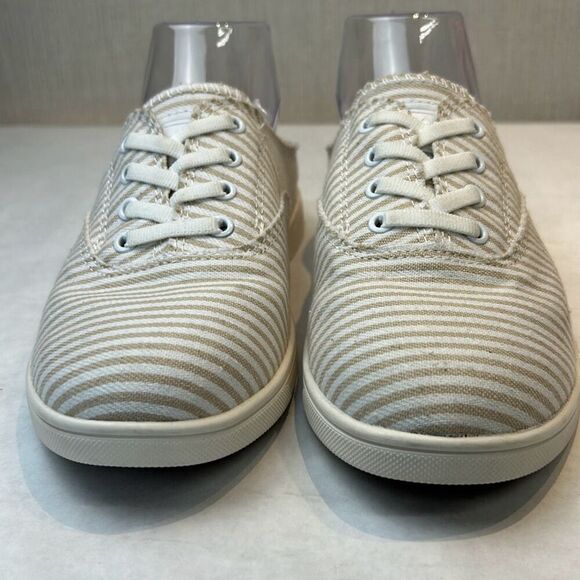 NEW Spenco White Tan Stripe Canvas Slip On Tennis Shoes Womens Sz 7 Orthotic Sne - Picture 3 of 9